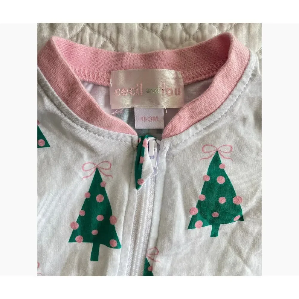 Cecil and Lou Baby Girl Christmas Tree Bow Ruffle Zip Sleeper Pajamas 0-3m